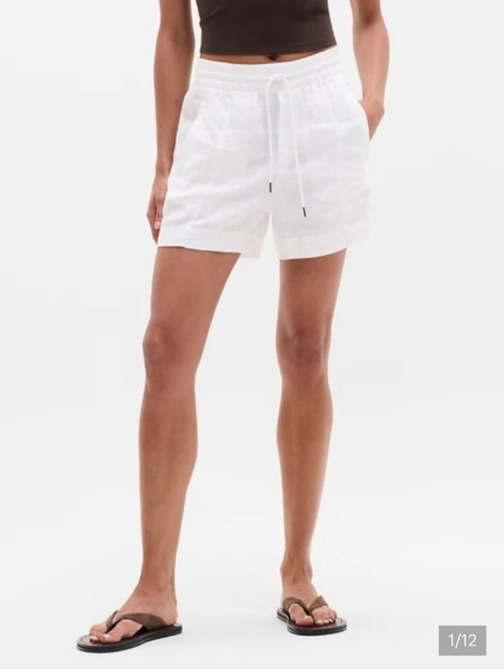 Athleta White Linen Retreat Mid-Rise Drawstring Shorts